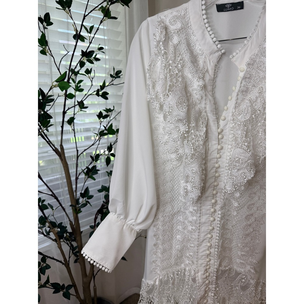 LUMO White Lace Button Front High Low Dress Long Sleeve Bridal Event Size 36 - Picture 5 of 8